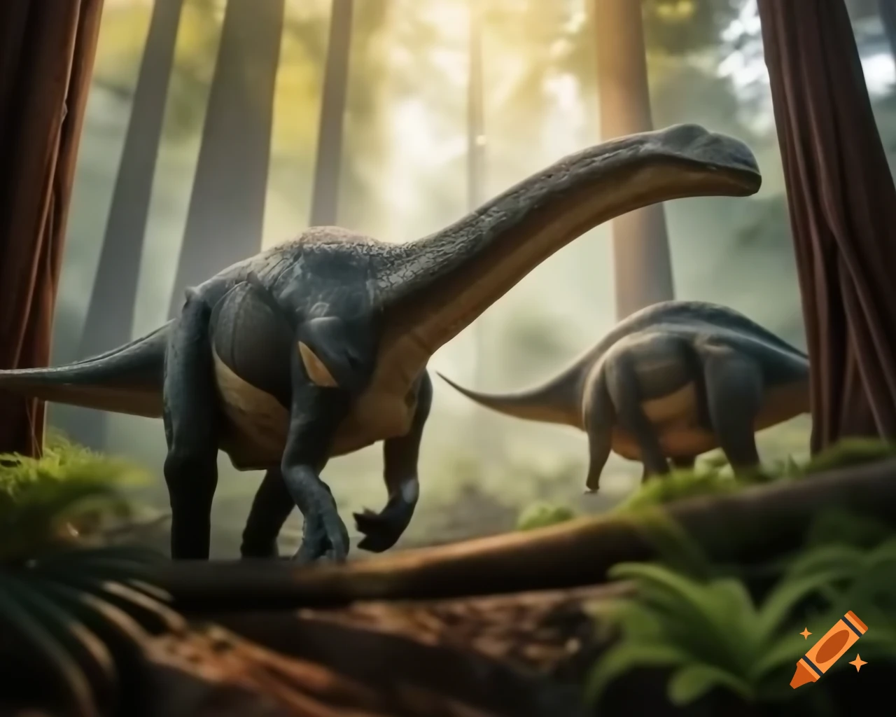 Hadrosaurus crossing ravine in redwood forest with fern undergrowth
