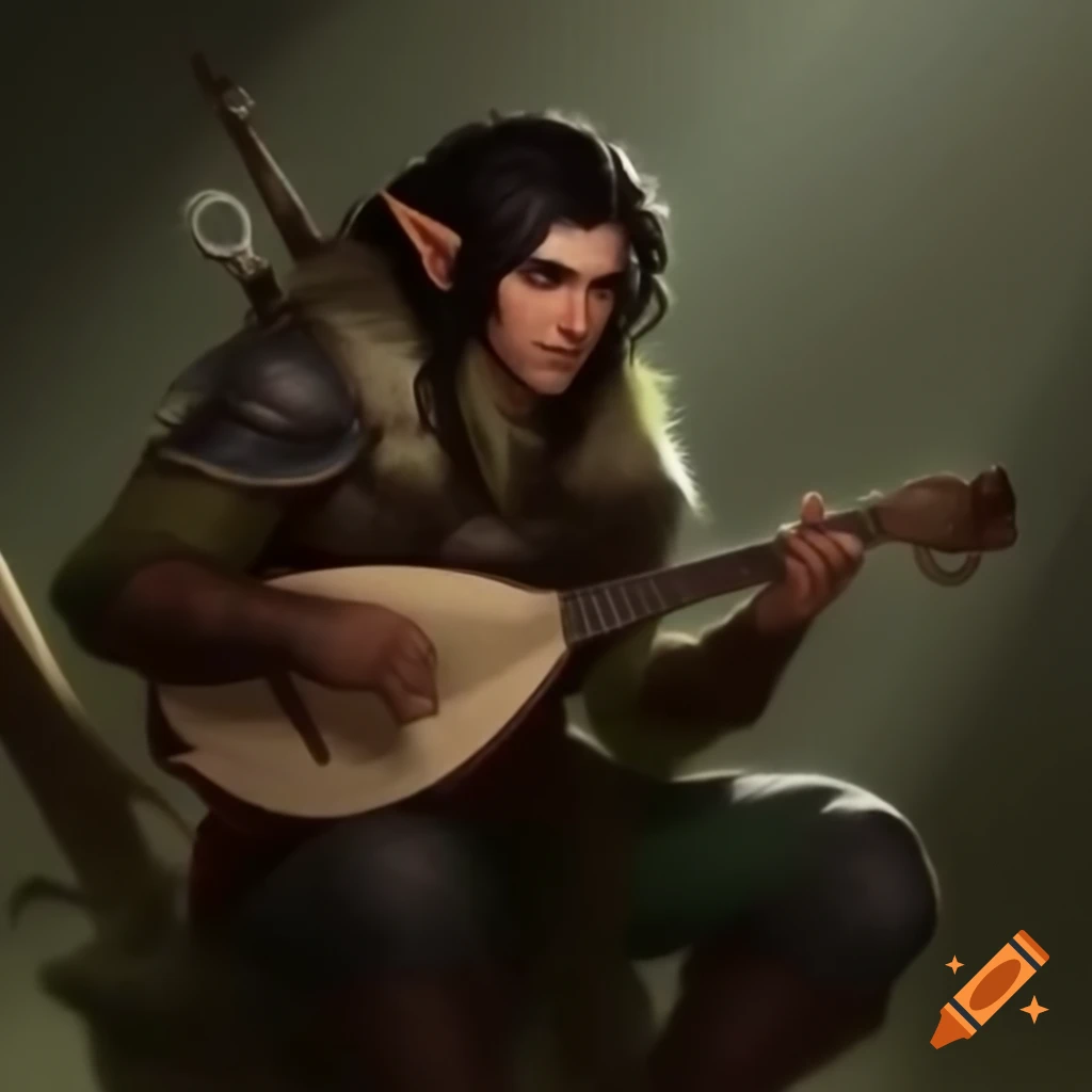Male elf bard playing mandolin with rapier in fantasy setting