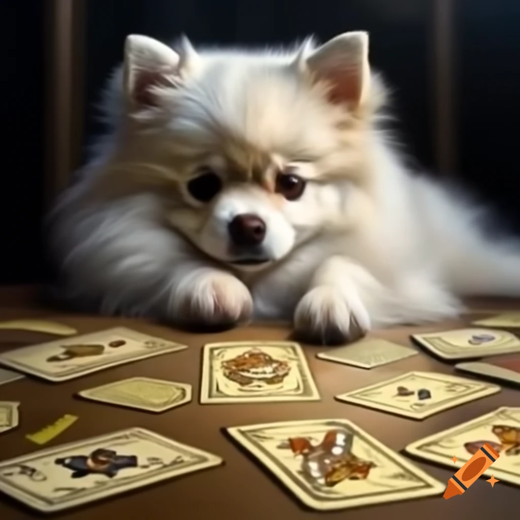 White Spitz dog interacting with tarot cards