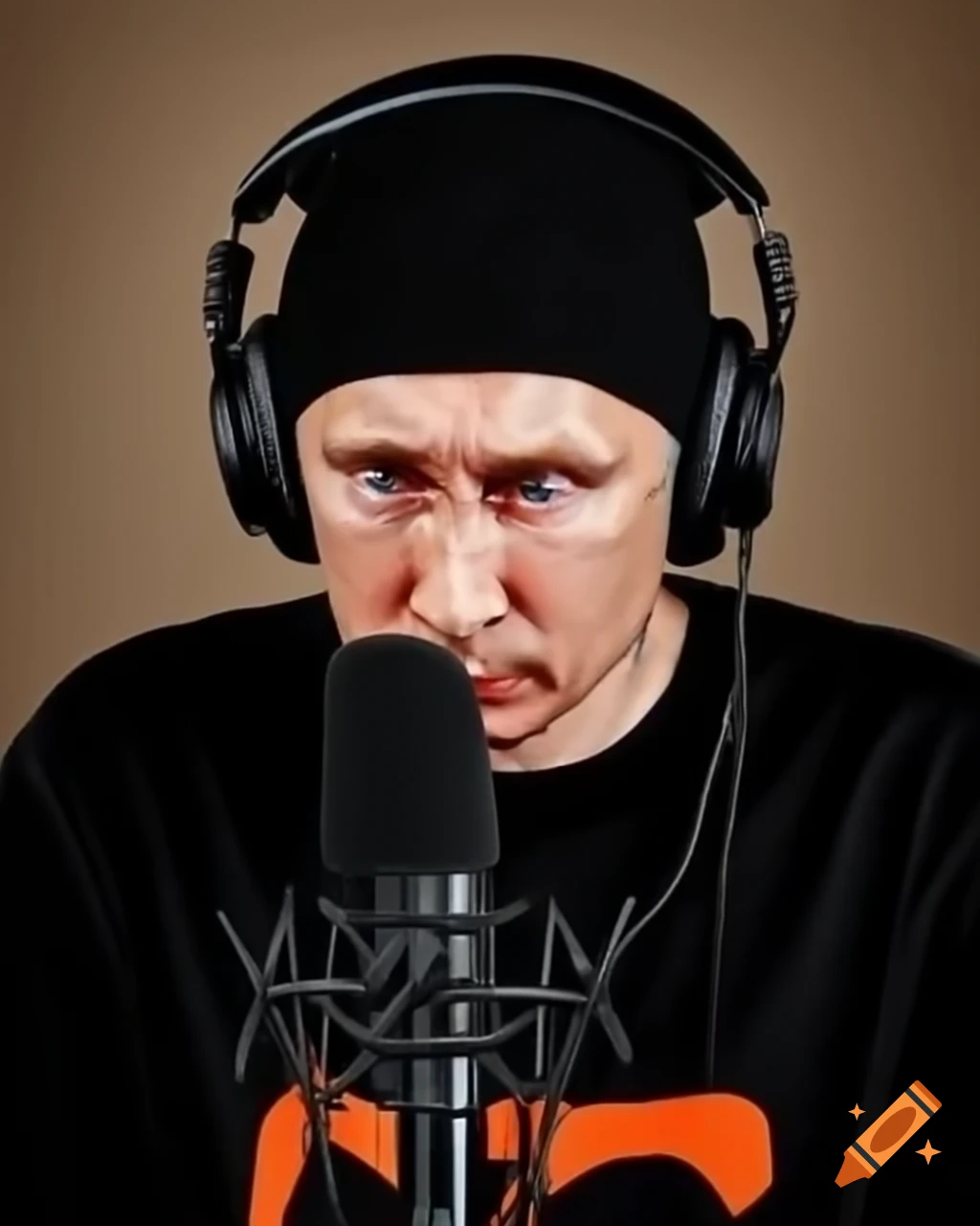 Vladimir Putin in black knit cap and headphones hosting a video podcast, satirical theme