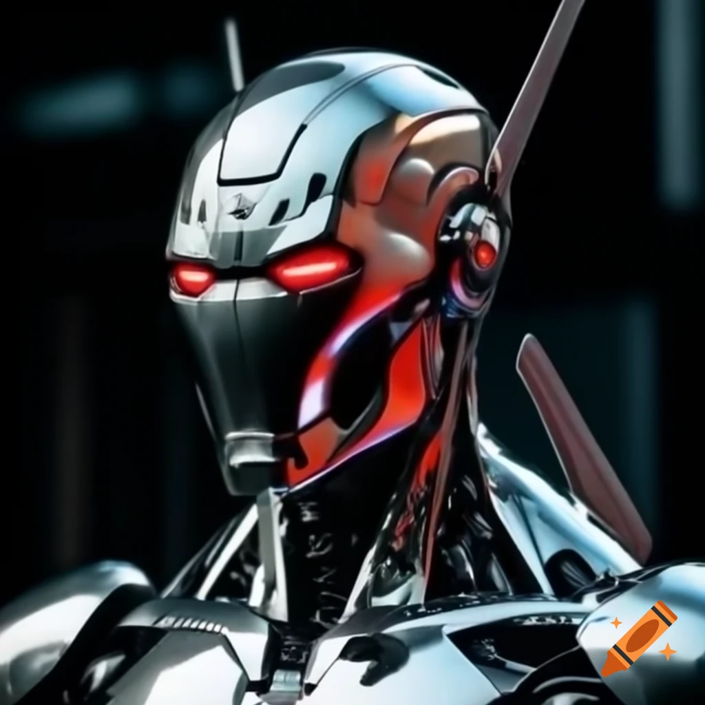 Shiny silver Ultron with glowing red eyes and silver fins