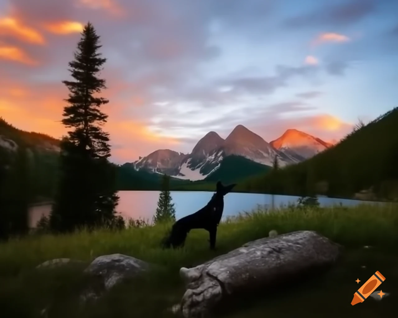 Realistic nature photography of black Labrador retriever by mountains and lake with birds and trees