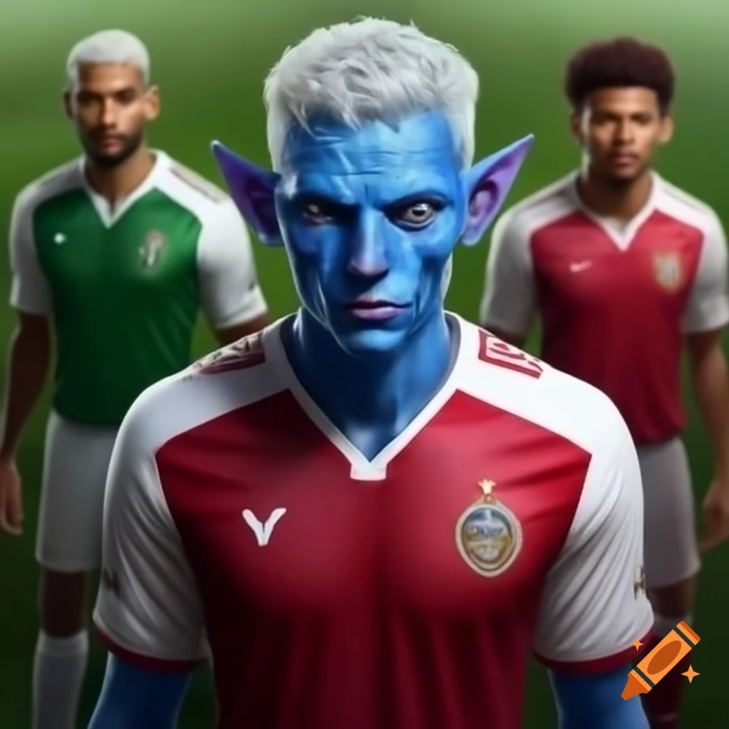 Humanoid men with pointed ears and vibrant hair playing soccer