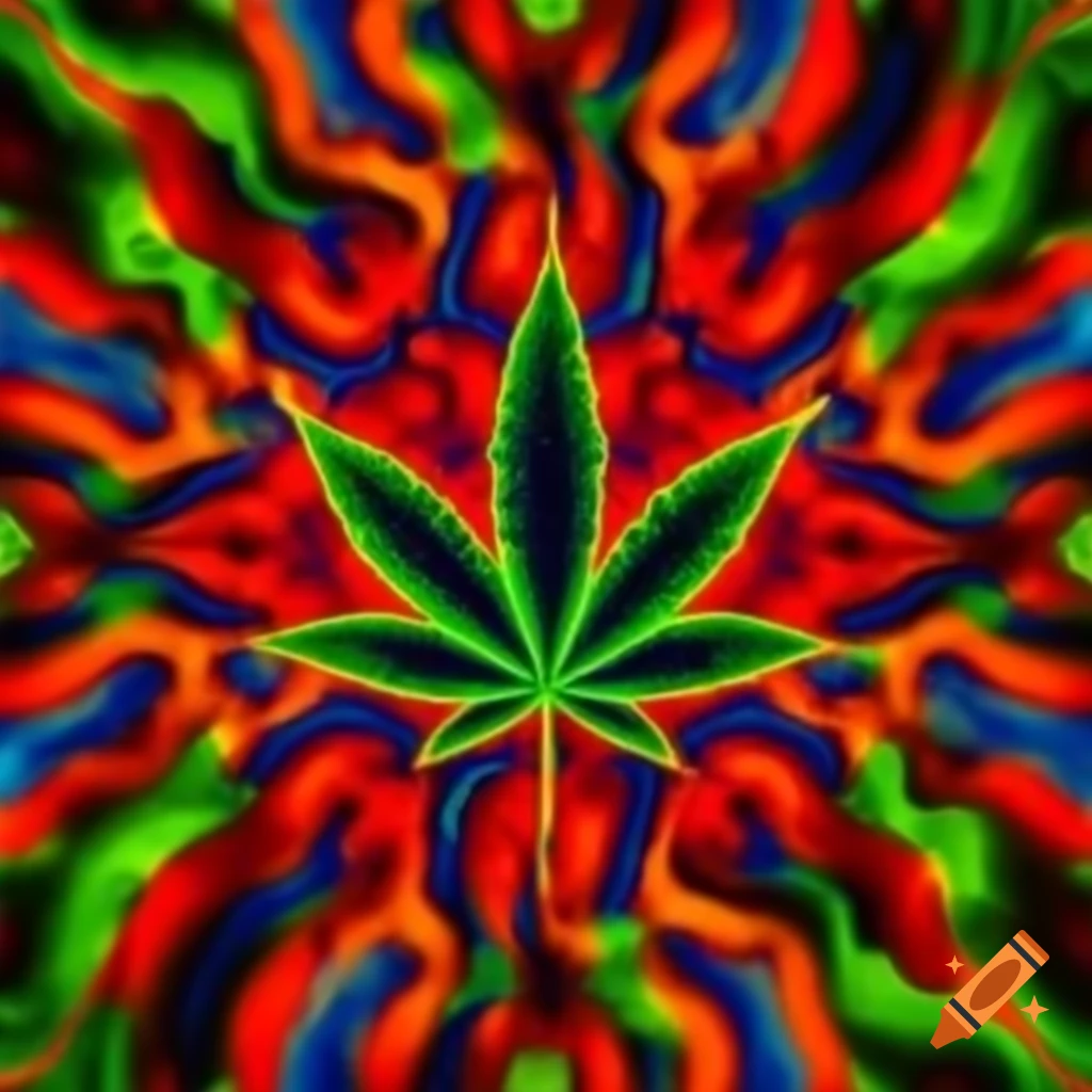 Colorful trippy pattern featuring cannabis motifs in red, blue, green, and orange