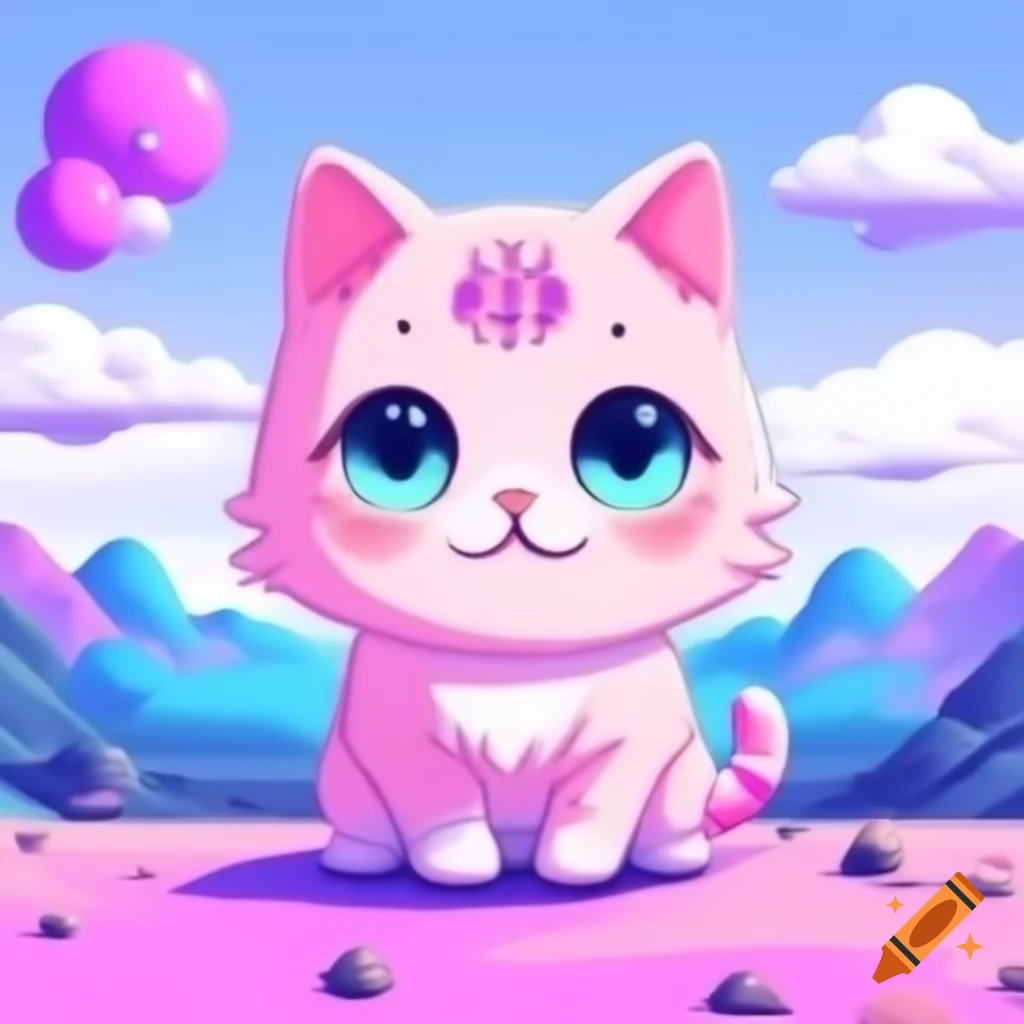 Cute girly kitten in pink and purple scenery, anime cartoon style