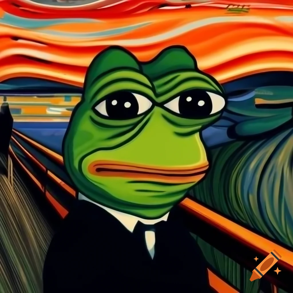 Frog with wide eyes and fearful expression inspired by Munch's The Scream