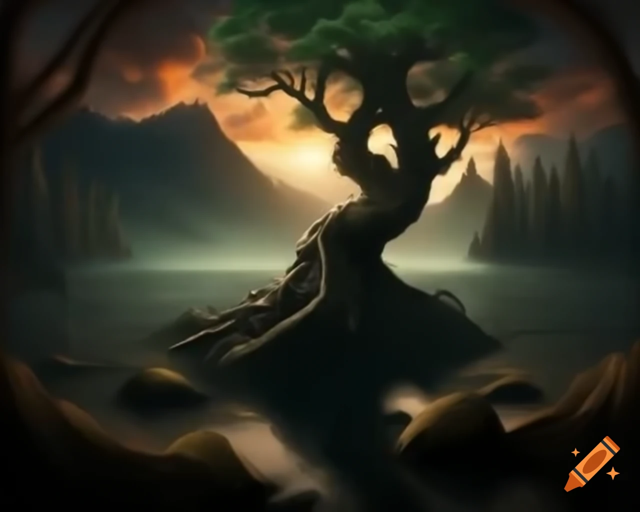 Dark fantasy scene featuring tree monster in forest by mountain lake