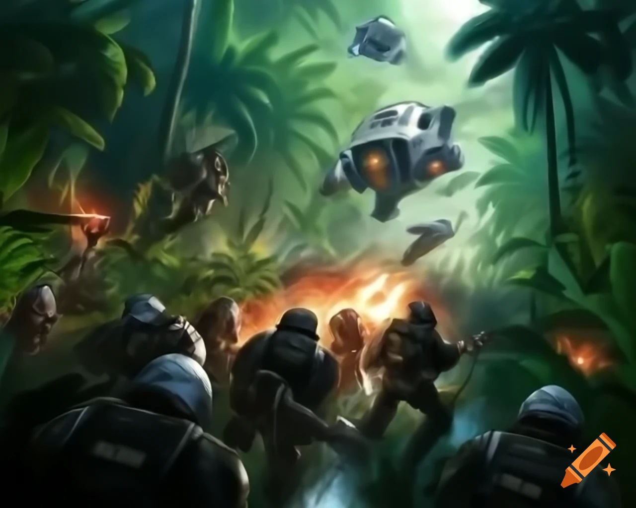 High-detail sci-fi battle scene in a jungle with soldiers
