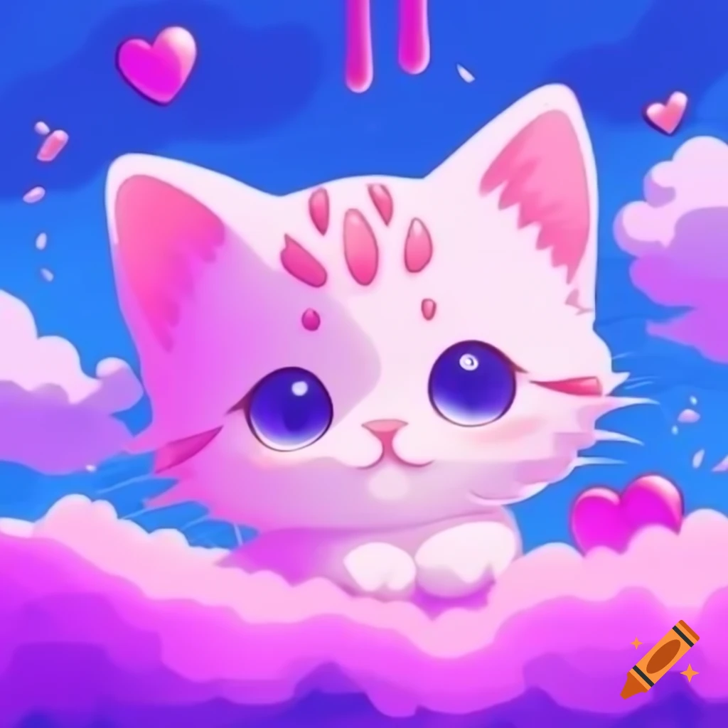 Cute girly kitten in pink and purple anime cartoon style