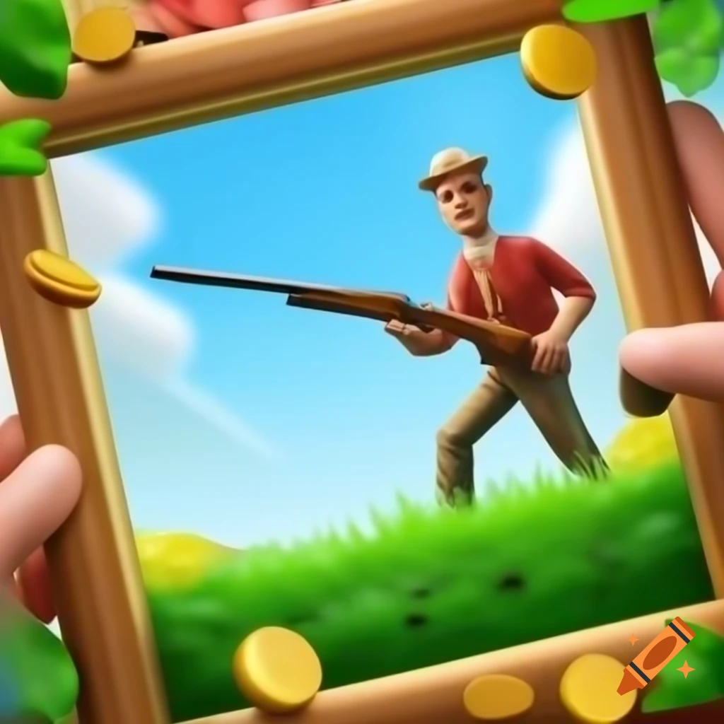 Green ground with blue sky featuring a yellow character chasing another with a shotgun, coins in the background