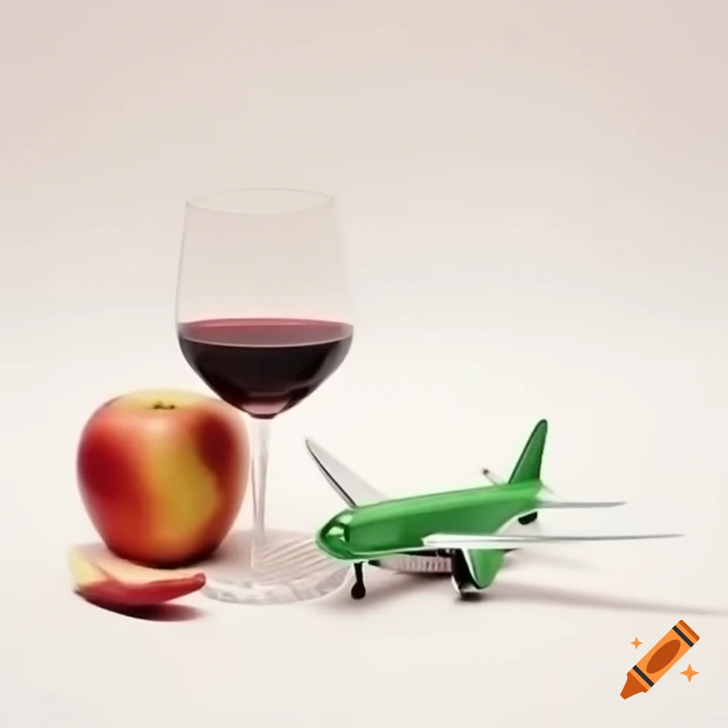 Apple, glass of red wine, ham, and small green airplane arranged in a row