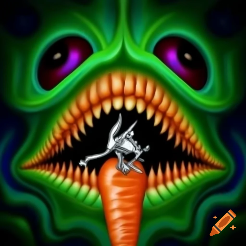 Psychedelic graffiti of skinny Bugs Bunny with carrot upside down