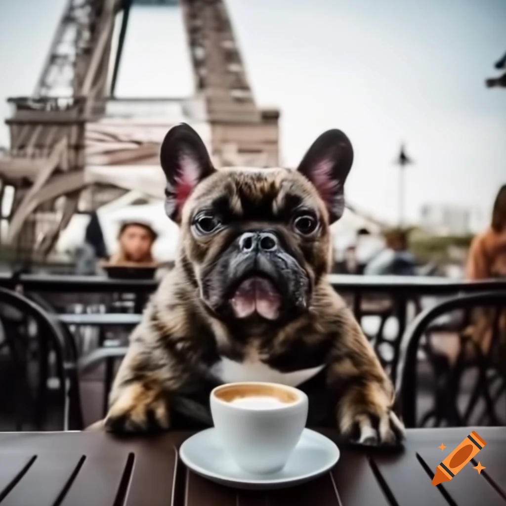 Brindle French Bulldog at cafe table in front of Eiffel Tower with espresso