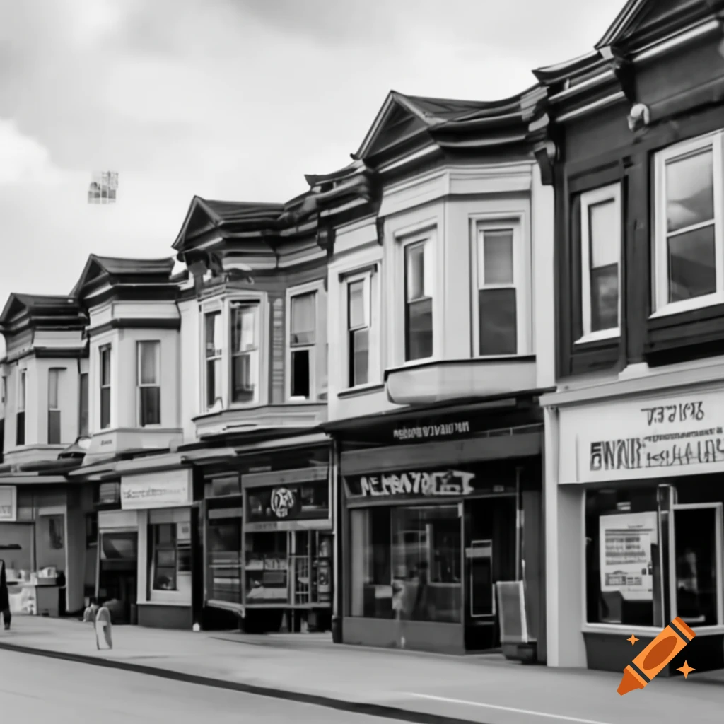 Row of small businesses displaying local commerce