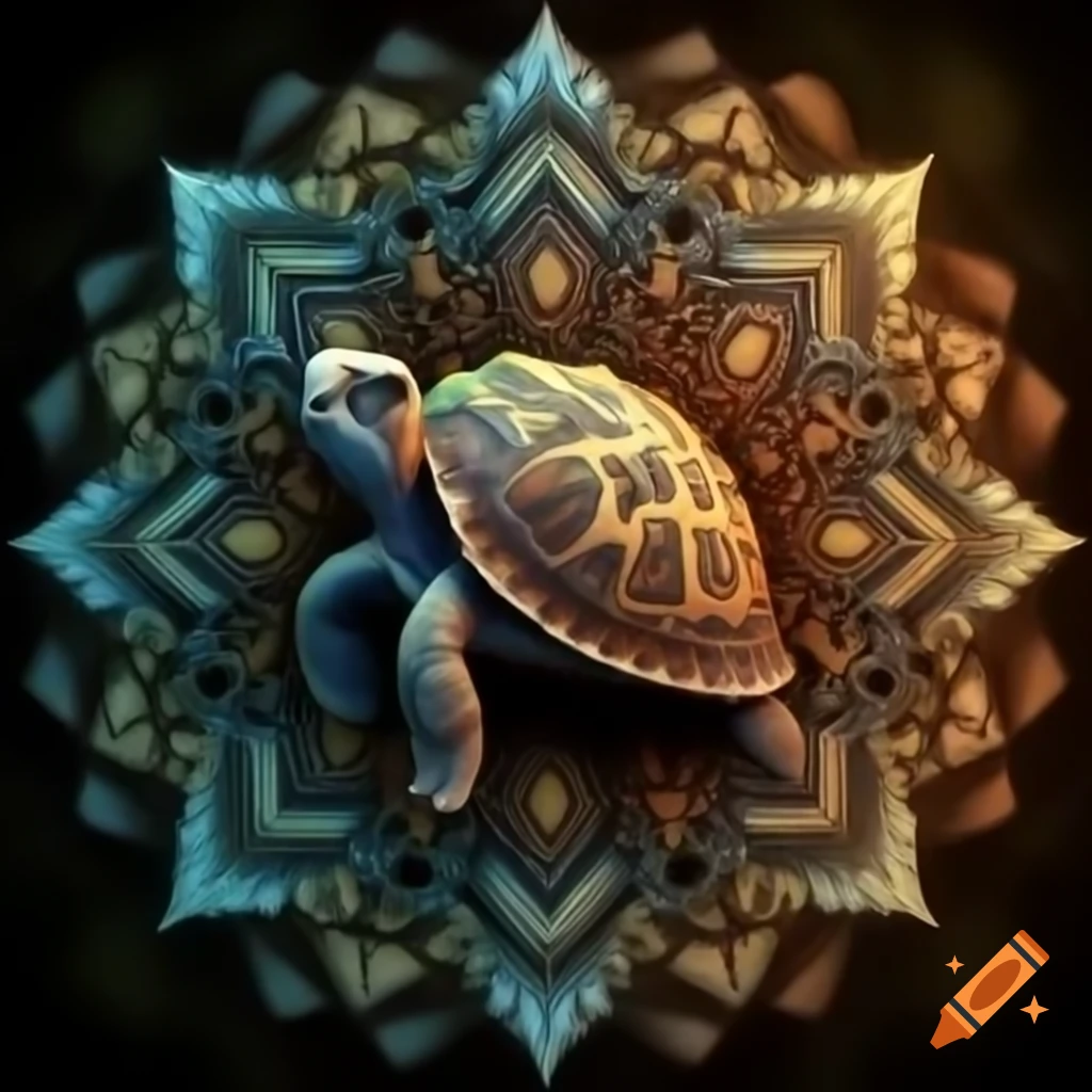 Intricate mandala featuring a turtle in psychedelic colors, inspired by Ernst Haeckel