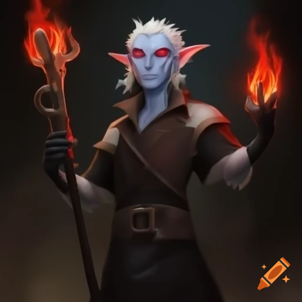 Male halfling necromancer with black hair and red eyes casting firebolt with undead minions