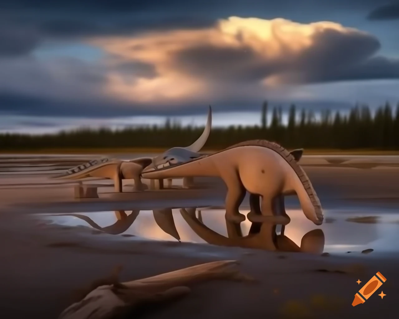 Cinnamon and grey striped Iguanodons crossing a muddy flat in British Columbia at sunset
