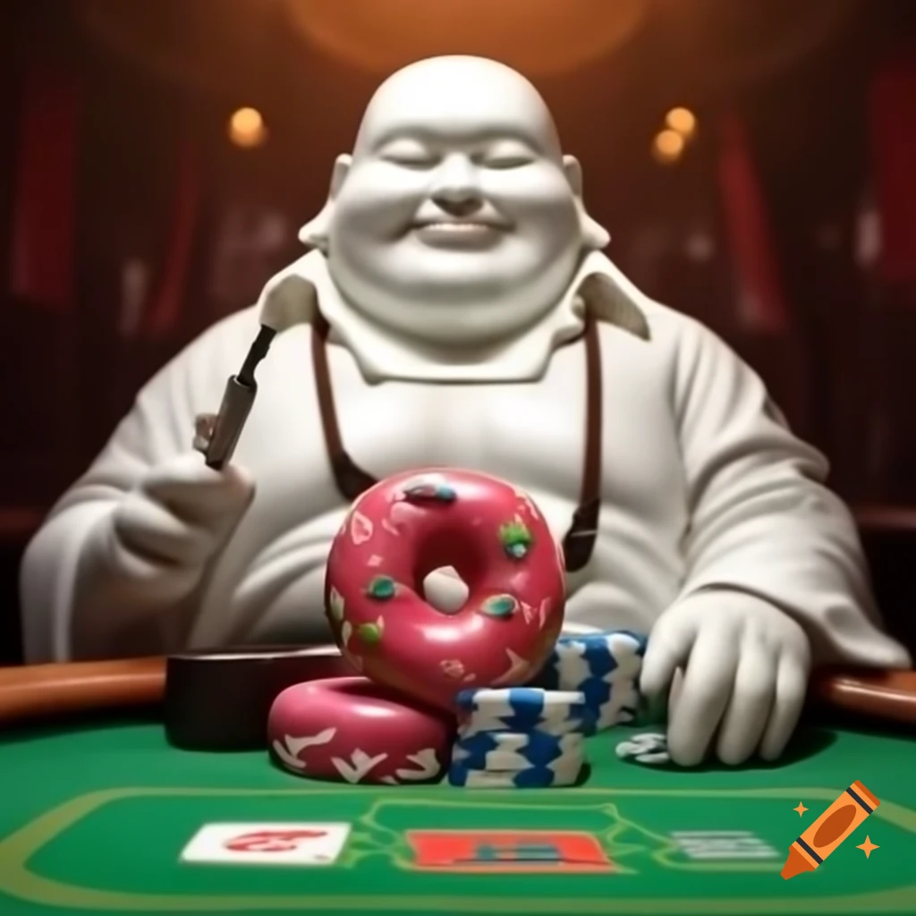Chubby man enjoying a donut while gambling