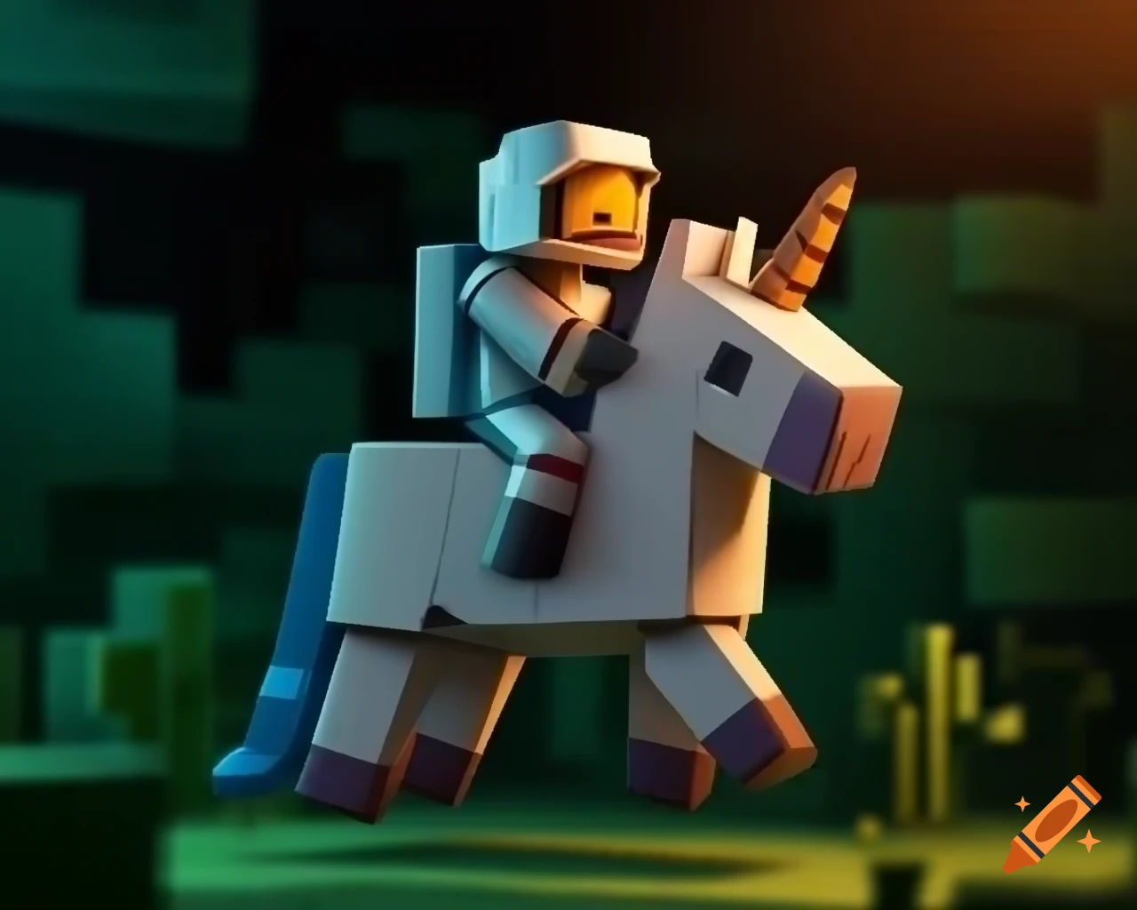 Astronaut riding unicorn in Minecraft with cinematic soft lighting