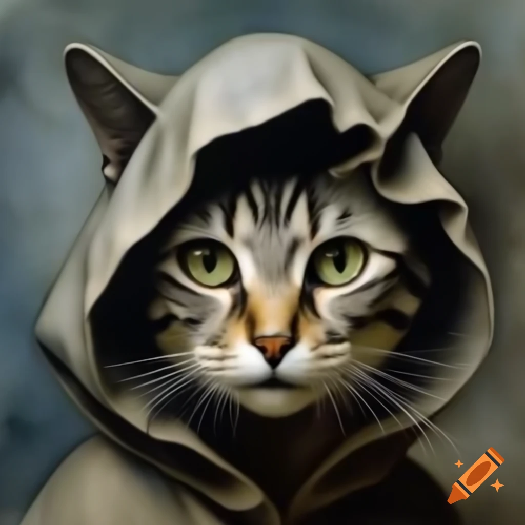 Surreal mezzotint of cat-head girl in hood, watercolor style, Renaissance influence