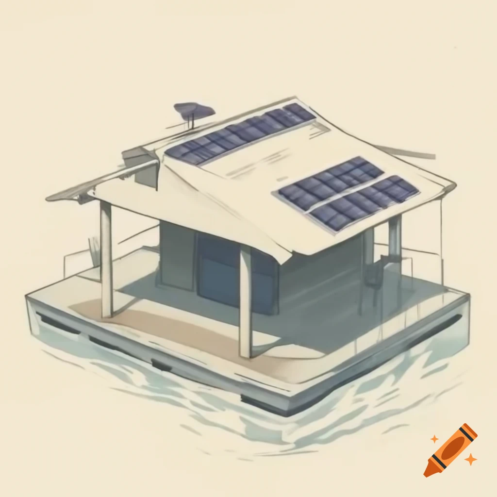 Sketch of emergency shelter with solar panels on a floating raft
