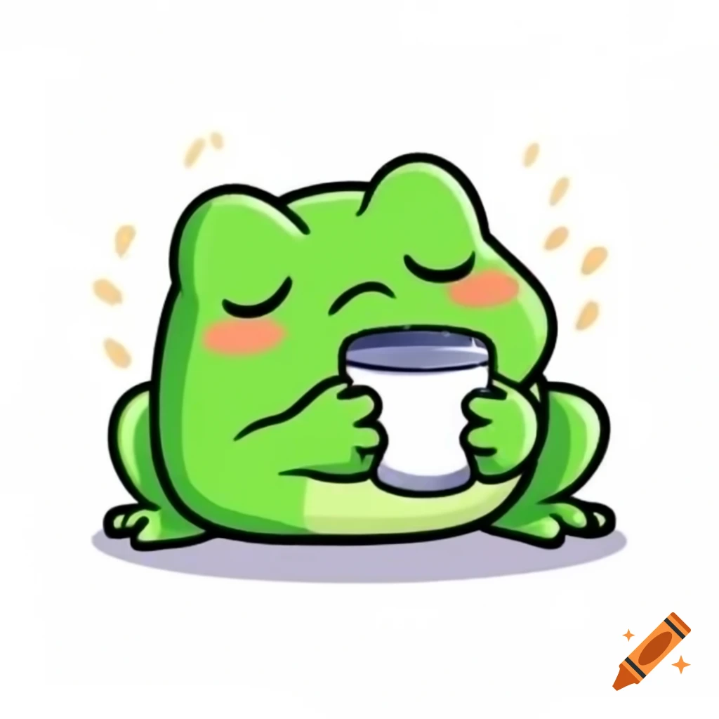 Sleepy frog holding coffee cup