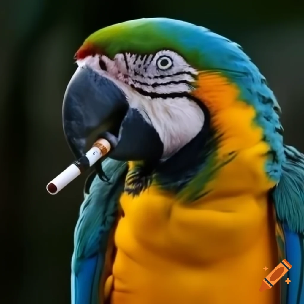 Macaw holding a cigarette in its beak