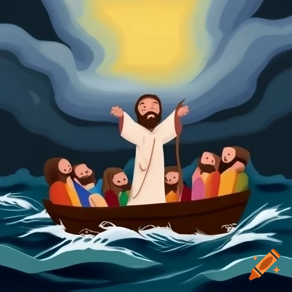 Sleeping figure in boat with disciples during a storm