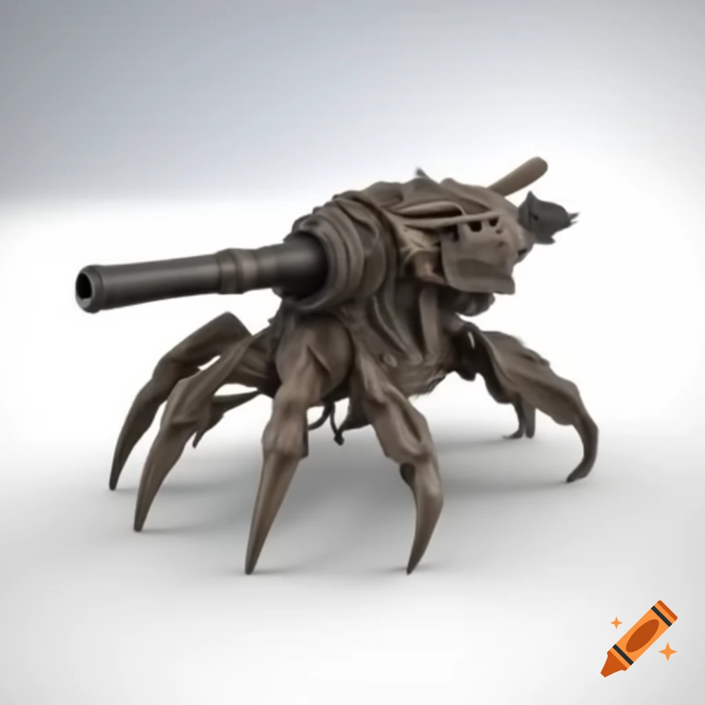 Biomechanical hermit crab cannon in H.R. Giger style against white background