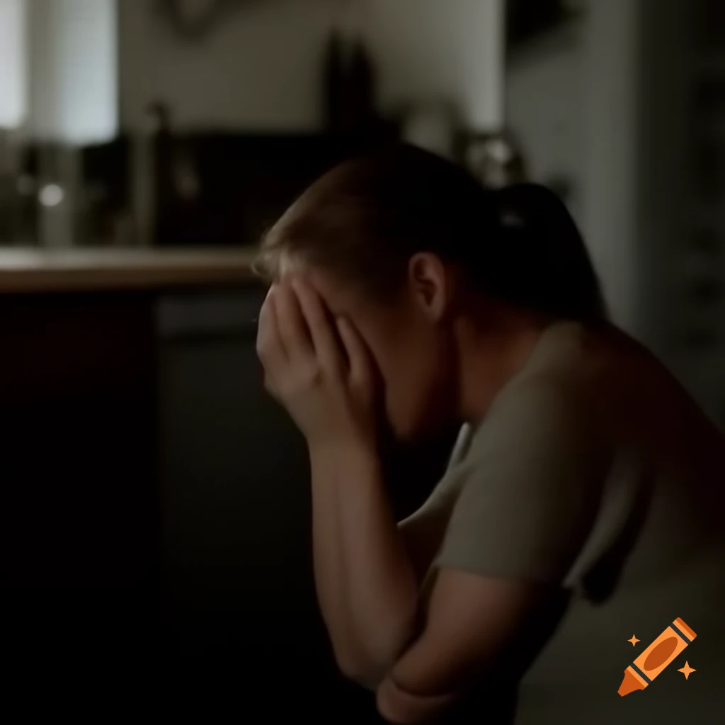 Close-up of a woman crying in a kitchen setting