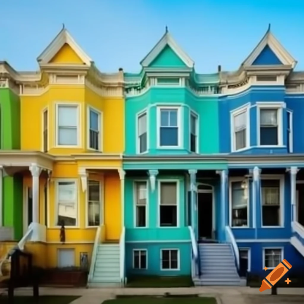 Colorful houses in yellow, green, red, turquoise, and blue