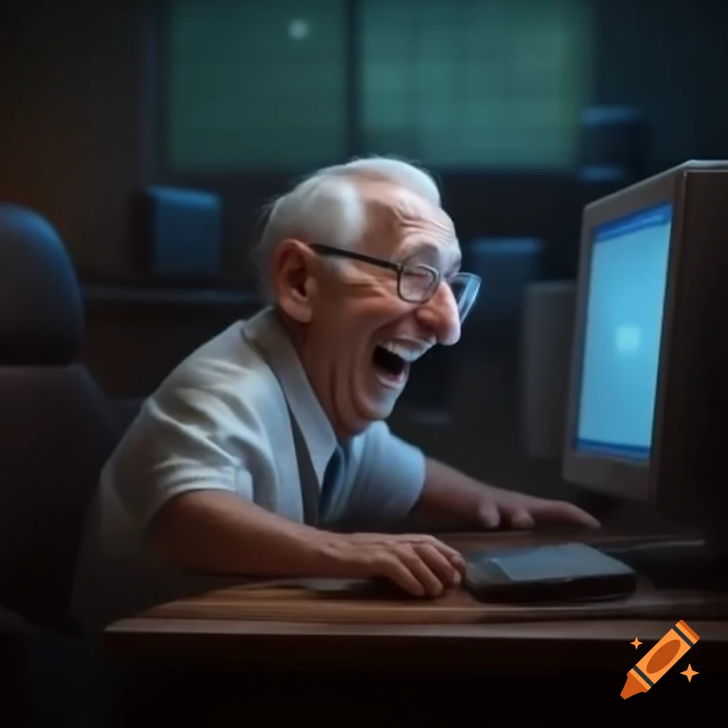 Elderly man with glasses laughing at a computer