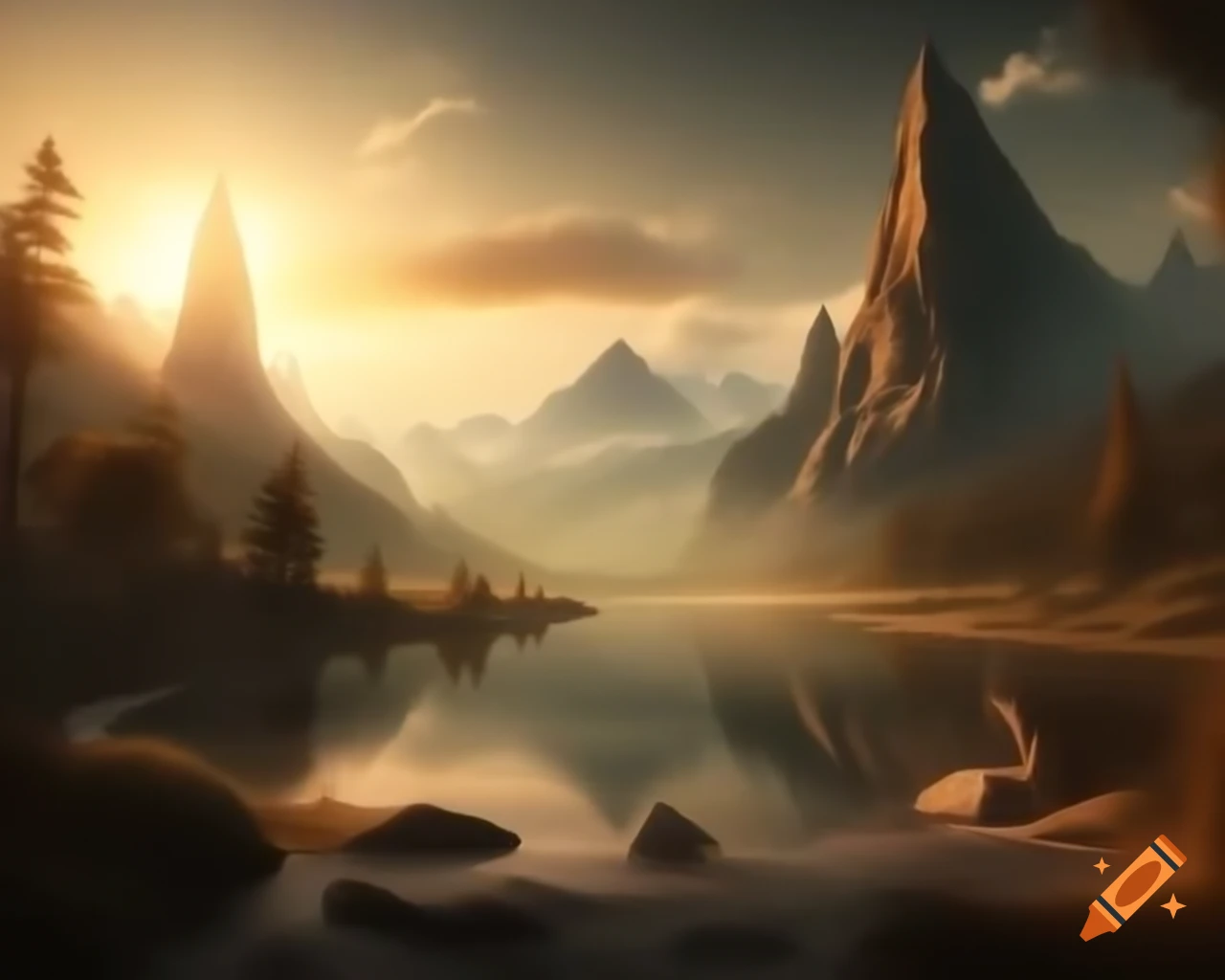 Breathtaking mountain range with flowing rivers and lush trees in an ancient land