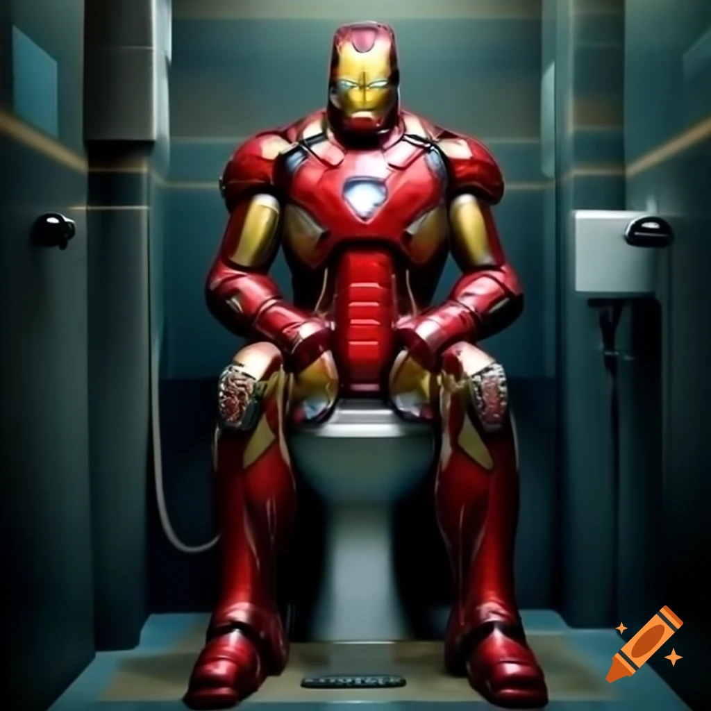 Iron Man character humorously depicted in a bathroom setting