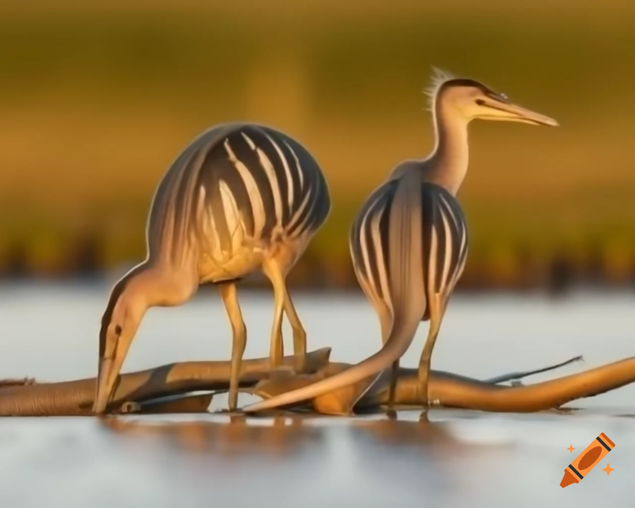 Cinnamon-colored and grey striped Parasaurolophus in marshland during golden hour