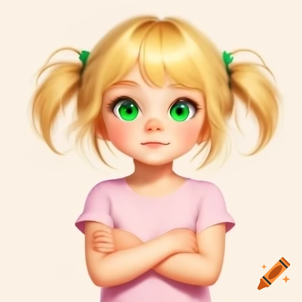 Anime girl with blonde hair and green eyes wearing a pink sleeveless t-shirt