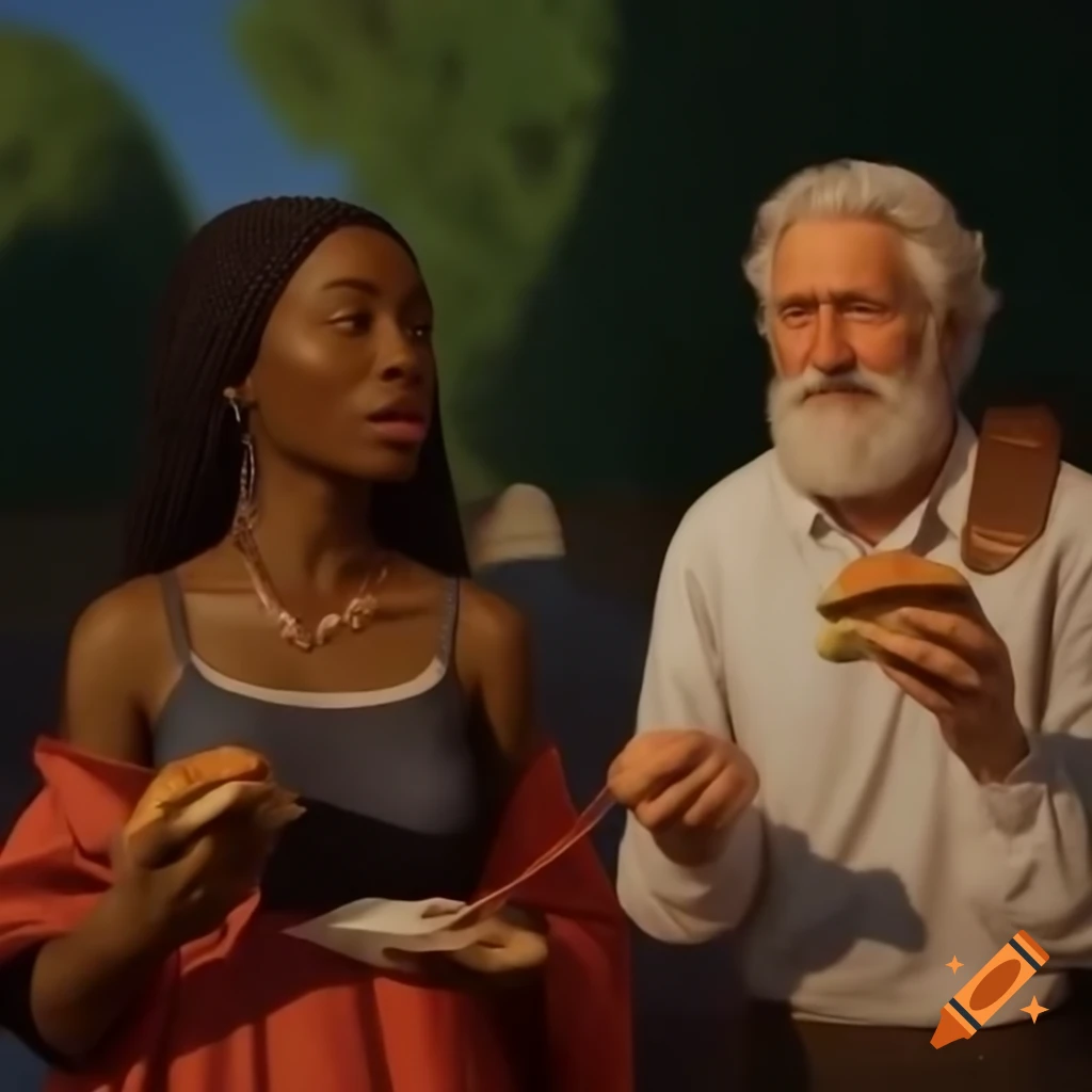 Renaissance-style portrait of diverse couple enjoying sandwiches outdoors
