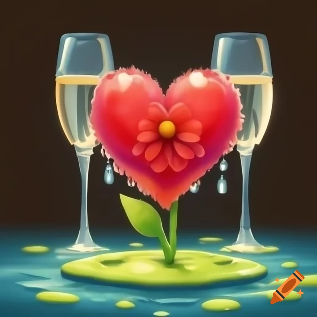 Heart with flower, water drops, and champagne glasses