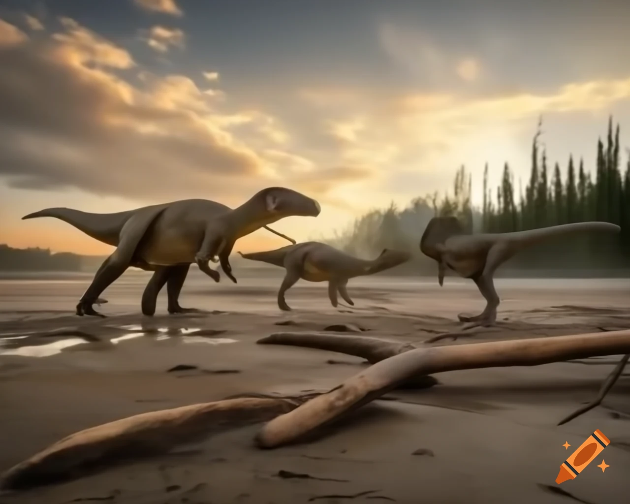 Group of Iguanodon dinosaurs crossing mudflat with driftwood in British Columbia