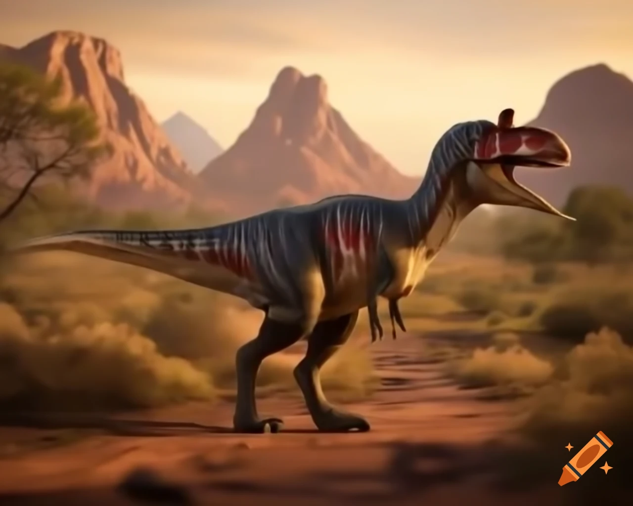 Cinnamon-colored and grey striped Carnotaurus crossing ravine in outback landscape during morning light