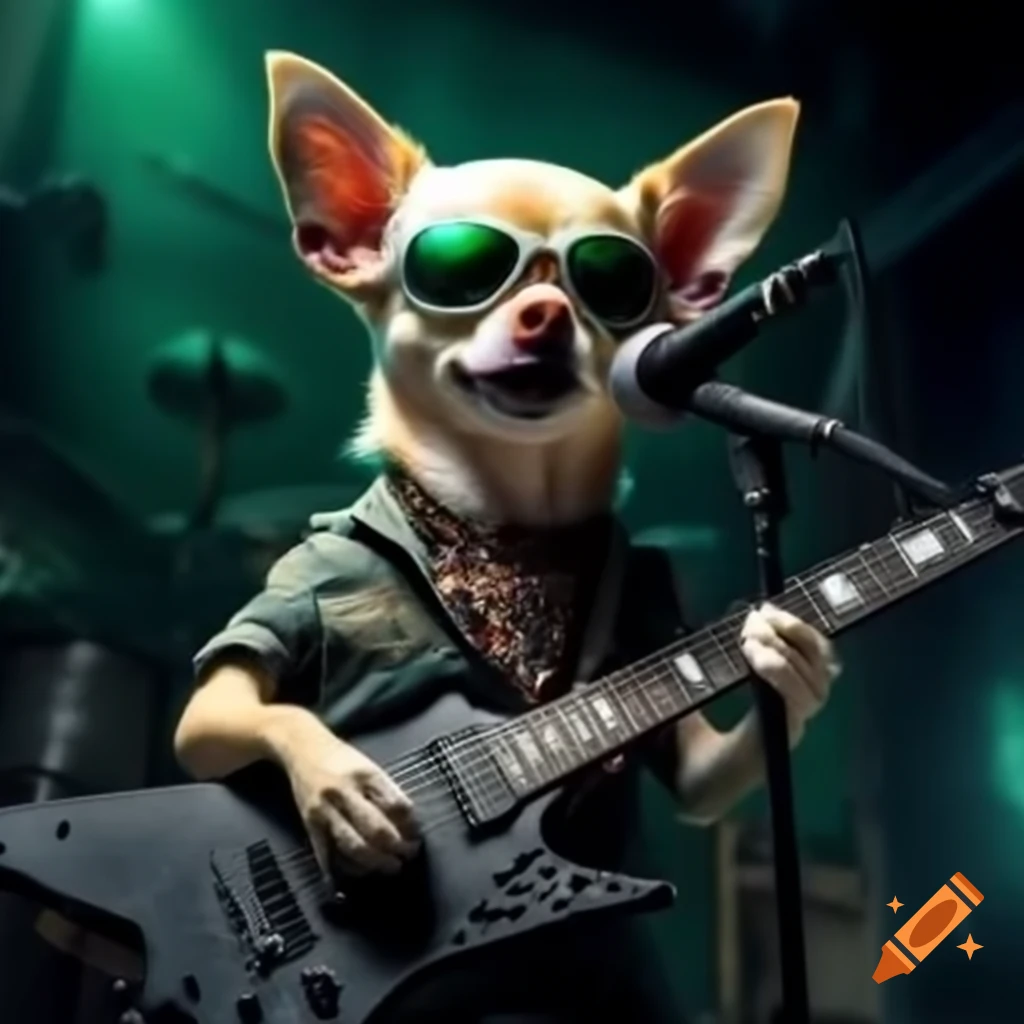 Chihuahua vocalist in bandana singing at metal gig with electric guitar