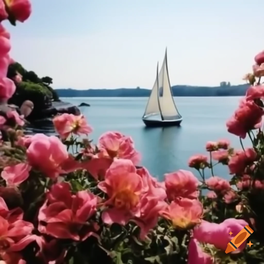 Colorful flowers with a sailing boat in the background