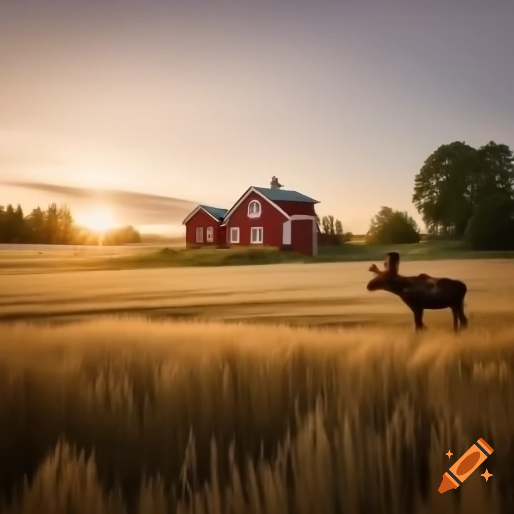 Swedish landscape at sunrise with red farmhouse, wheat field, moose, lake, and green trees