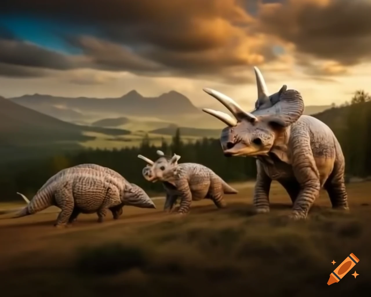 Three striped Styracosaurus in Highlands landscape during golden hour
