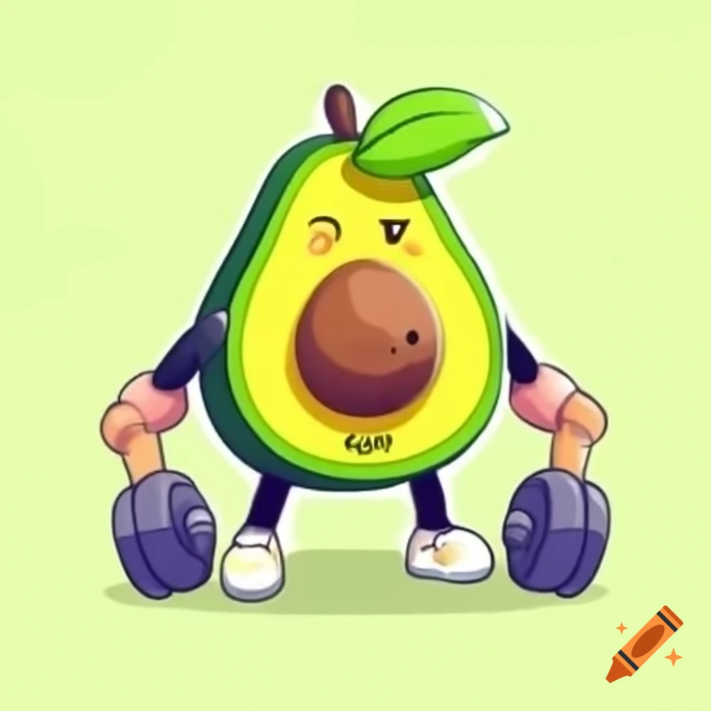Cartoon avocado character working out with dumbbells and headband