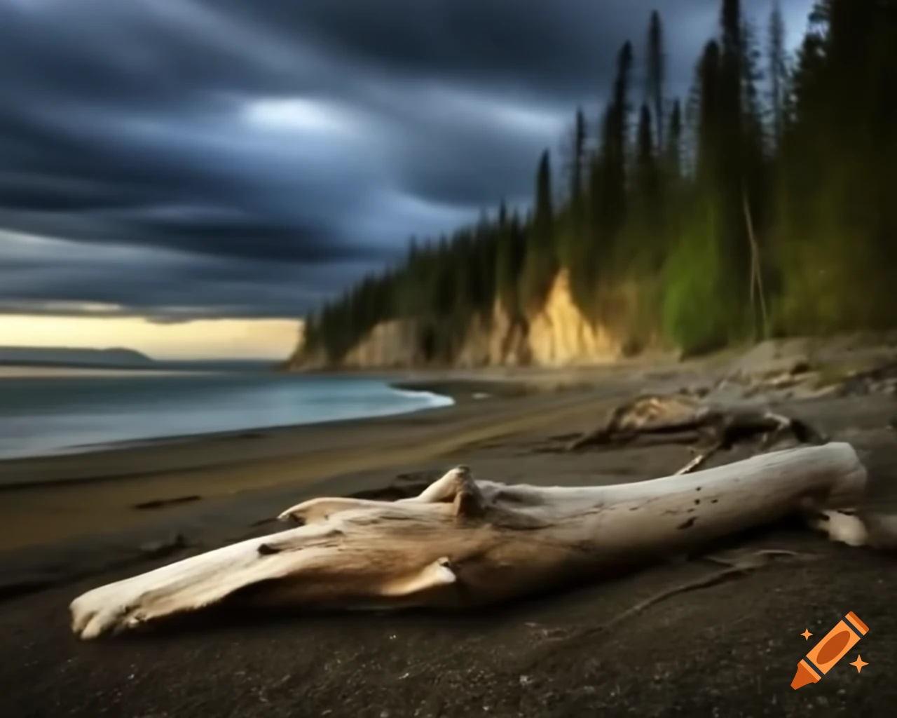 Diplodocus walking along coast with driftwood and forested cliffs in British Columbia