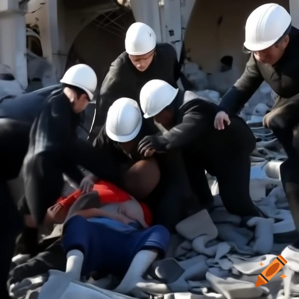 Rescuers clearing rubble to save child from ruins after bombing