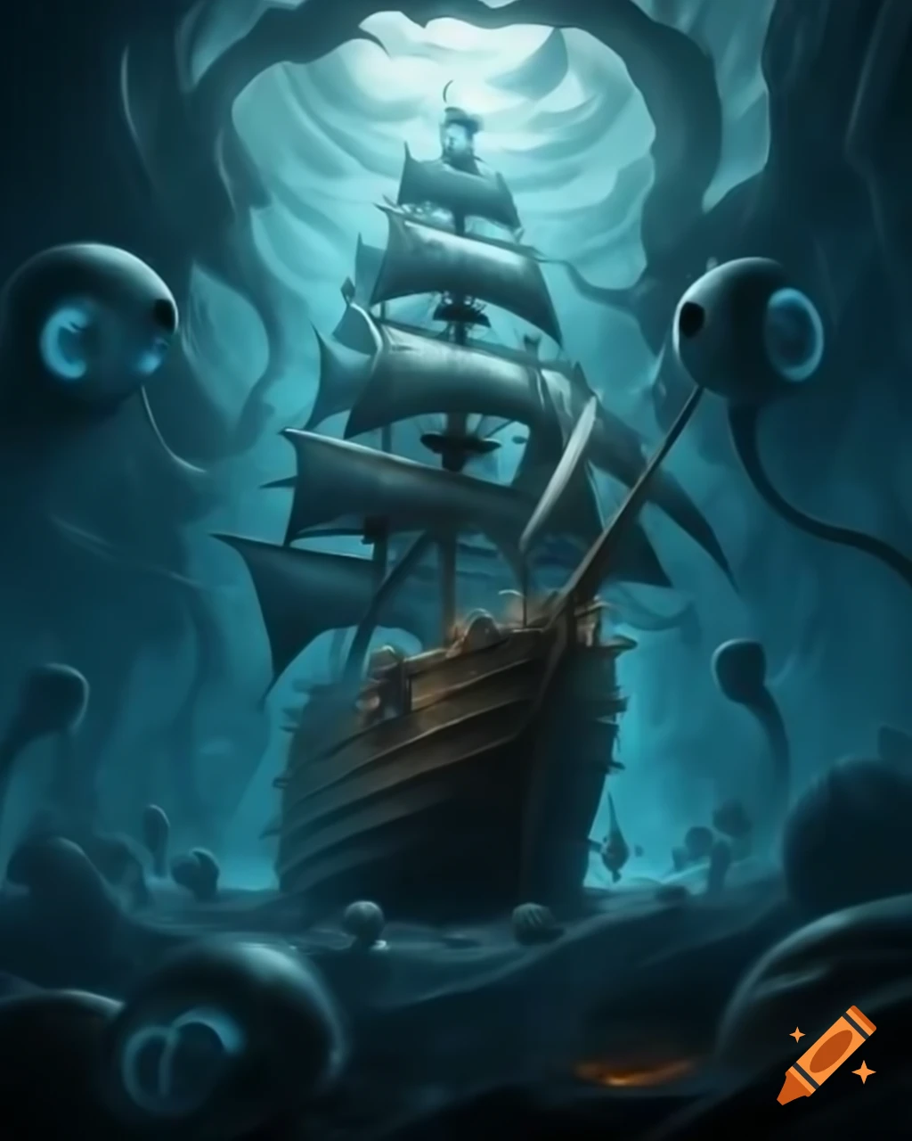 Pirate ship navigating dark seas in a ghostly world