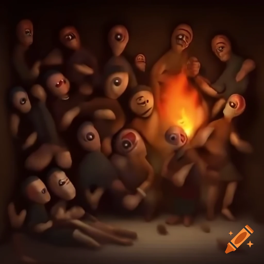 Terrifying puppets and marionettes on a fire lit wall, some animated