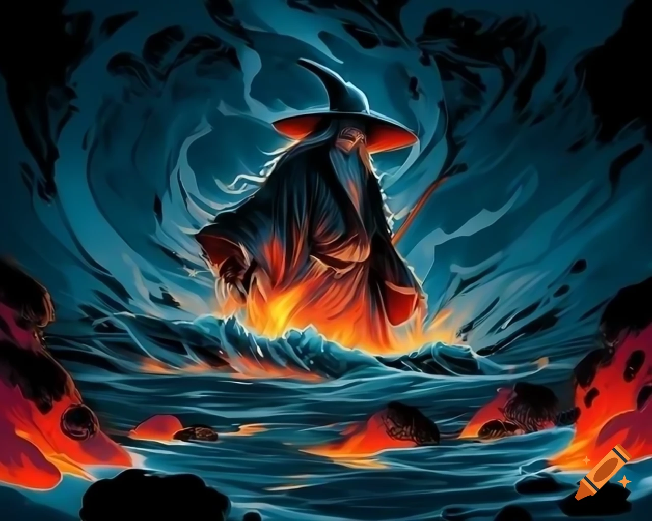 Ukiyo-e style illustration of Gandalf surfing on lava with dramatic anime lighting